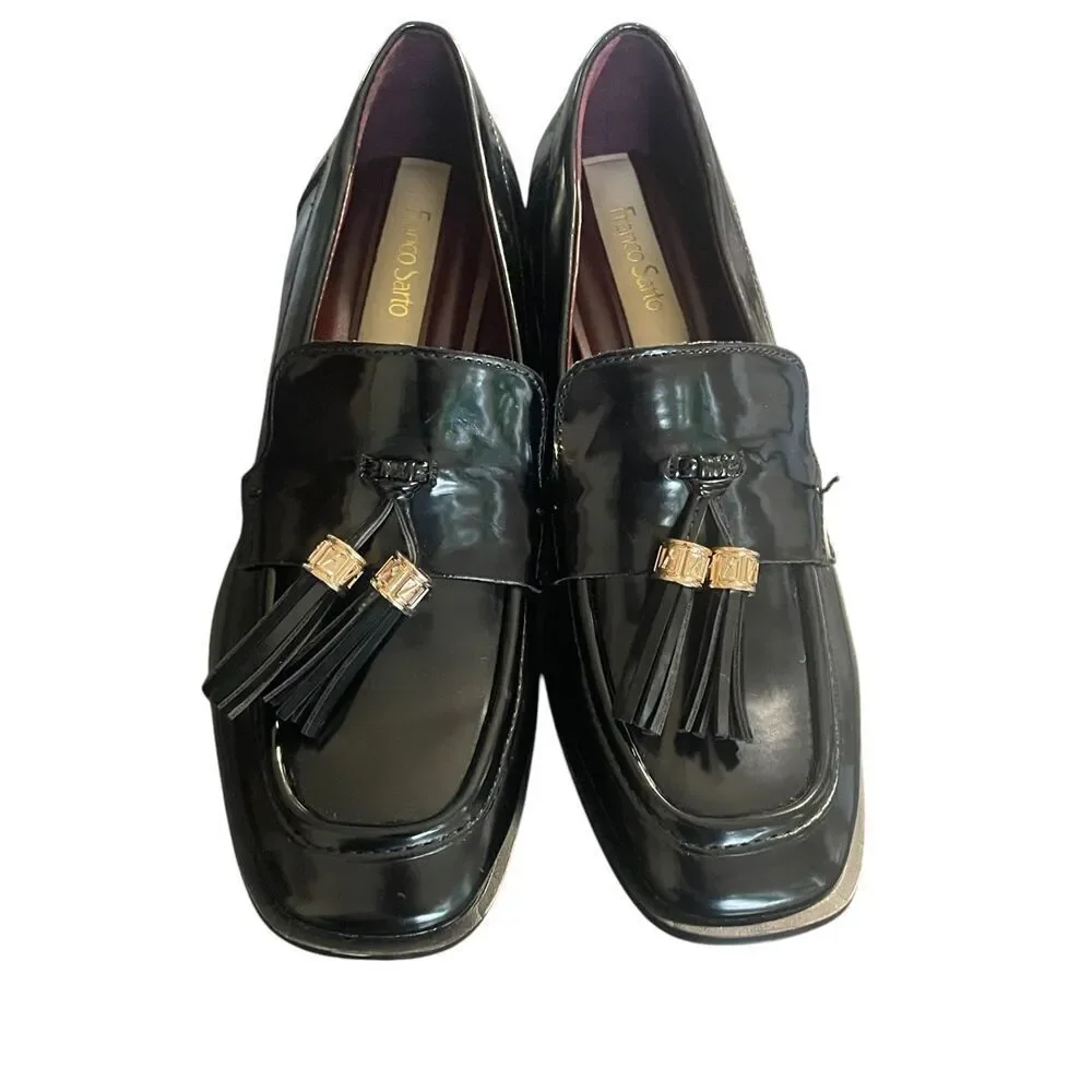 NWOB Franco Sorto Donna Block Heel Tassel Faux Patent leather Loafers Black 6M